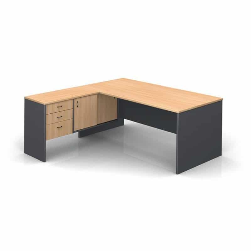 Straight desk with return – cupboard and fixed drawers